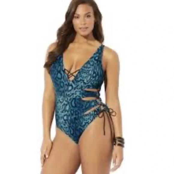 Swimsuits For All Turquoise Snakeprint One Piece Cut Out Lace Up Swimsuit - Picture 1 of 11